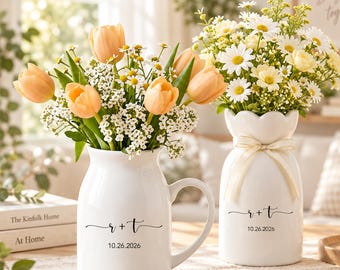Personalisierte Hochzeitsvase, Keramikvase für Paare mit Namens- und Datumsanhänger, Tischdekoration für die Hochzeit, Jahrestagsgeschenk für Paare