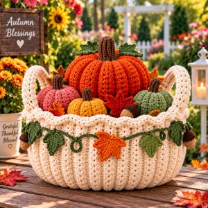 May include: A cream-coloured crocheted basket filled with various crocheted pumpkins in orange, pink, yellow, and green. The basket is decorated with a crocheted garland of green leaves, orange maple leaves, and small brown acorns.