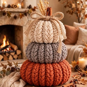 Puede incluir: Una decoración de calabazas apiladas que consta de tres calabazas tejidas a ganchillo en color crema, gris y naranja quemado. La calabaza superior está adornada con un lazo de yute, una rama de canela y espigas de trigo secas.