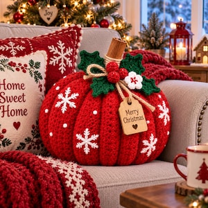 May include: A round, red crocheted pumpkin decoration featuring white snowflake appliques, a brown cinnamon stick stem, green crocheted holly leaves, red berries, and a wooden tag with the text Merry Christmas and a small heart symbol.