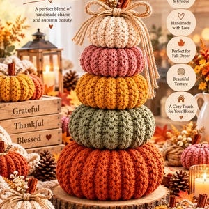 Può includere: Una pila verticale di cinque zucche all'uncinetto nei colori crema, rosa, giallo, verde salvia e arancione. Le zucche sono sormontate da un fiocco in corda di juta, fiori secchi e una stecca di cannella. La pila poggia su una base in legno.