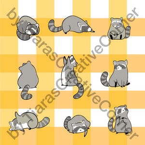 May include: A digital illustration featuring eight cartoon raccoons in various poses against a yellow and white checkered background. The raccoons are gray with black eye masks and striped tails. The text byTiarasCreativeCorner is visible.