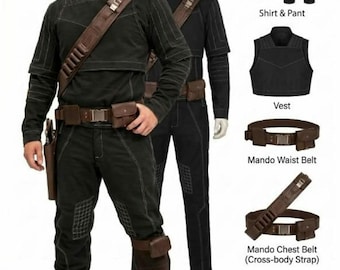 May include: A black long-sleeve shirt, pants, and vest with white stitching, paired with a brown chest belt, waist belt with pouches, and brown boots. The set includes a shirt and pant, vest, Mando waist belt, Mando chest belt, and Mando boots.
