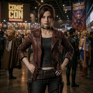 Op de afbeelding: Een donkerbruine leren motorjas met een zwarte choker, een donkergrijze tanktop en een donkere spijkerbroek met een bruine leren riem en holsterbevestigingen. De outfit wordt gedragen in een evenementenhal met Comic Con-borden.