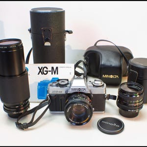 Minolta XG-M Camera Kit - Working Vintage 1980s 35MM Film SLR with 3 Lenses - Normal, Wide & Telephoto Zoom, Manual, Cases - Free Shipping
