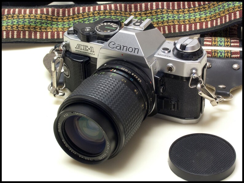 Canon AE-1 Program Camera with Wide to Short Telephoto Lens Vintage Working 1980s 35MM Film SLR with Hippy Neck Strap and Free Shipping