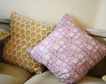 Orchid Grove Hand Block Printed Linen Pillow Cover
