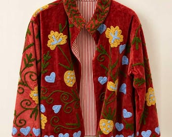 Rust Hearts Embroidered Velvet Jacket