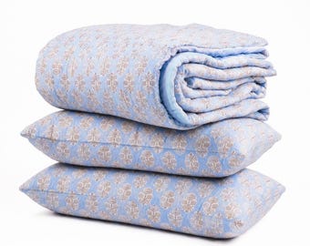 Blue Heirloom Hand Block Printed Cotton Quilt