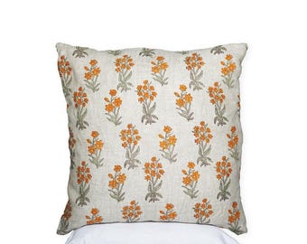 Golden Meadow Hand Block Printed Linen Pillow Cover