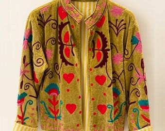 Olive Suzani Embroidered Velvet Jacket