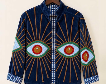 Navy Evil Eye Embroidered Velvet Jacket
