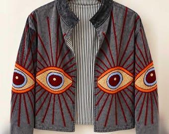 Slate Evil Eye Embroidered Velvet Jacket