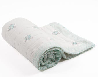 Birdie Hand-Block Printed Cotton Baby Quilt