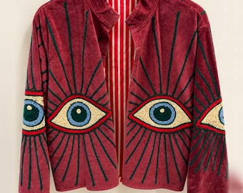 Raspberry Evil Eye Embroidered Velvet Jacket