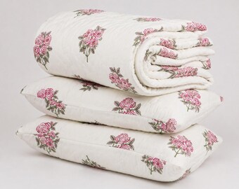 Vintage Rose Hand Block Printed Kantha Stitch Quilt