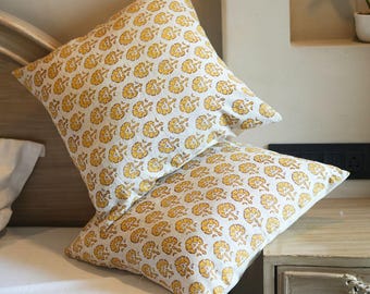 Honey Laurel Hand Block Printed Linen Pillow Cover
