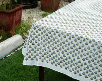 Azure Bloom Hand Block Printed Tablecloth