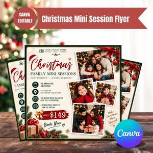 Peut inclure: Un modèle de flyer pour mini-séances de Noël avec le texte Christmas Family Mini Sessions, 30 minute session, 25 high res images, 1 printed photo 20x25 cm, et only $149. Inclut quatre cadres photo avec des familles et des enfants.