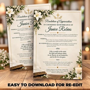 May include: A funeral resolution of appreciation document for Janice Robins, featuring a gold cross, white lily floral accents, and printed text on a cream background. The document includes the date March 20, 2026, and church information.