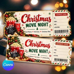 Op de afbeelding: Twee rechthoekige kerstfilmnacht-tickets met rode en groene tekst, popcornemmers en drinkbekers. De tickets bevatten velden voor admit one, to, form, date, location, een streepjescode en de tekst good movies, hot cocoa, christmas vibes.
