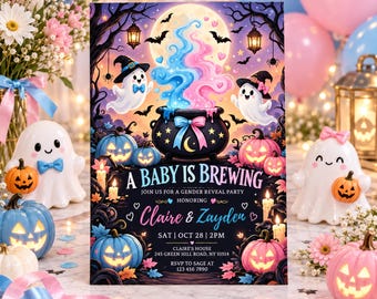 May include: A gender reveal party invitation featuring a black cauldron with blue and pink smoke, two ghosts in witch hats, and glowing pumpkins. The text reads: A BABY IS BREWING, JOIN US FOR A GENDER REVEAL PARTY HONORING Claire & Zayden, SAT | OCT 28 | 2PM, CLAIRE'S HOUSE, 245 GREEN HILL ROAD, NY 10514, RSVP TO SAGE AT 123 456 7890.