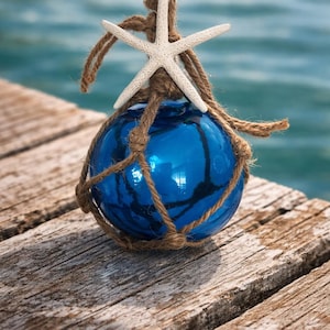 Blue Glass Float Ornament with Starfish - Blue Glass Ornament - Coastal Ornament -Coastal Xmas -Beach Wedding -Beach Decor-Starfish Ornament