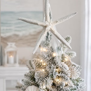 Puede incluir: Un pequeño árbol de Navidad cubierto de nieve con una estrella de mar blanca como adorno. El árbol está decorado con una concha y luces blancas cálidas. Cinta de arpillera acentúa la base del árbol. Tema navideño costero.