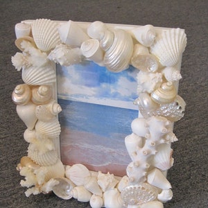 Beach Decor Seashell Picture Frame - Shell Frame - White Shells and Coral Picture Frame - Beach wedding