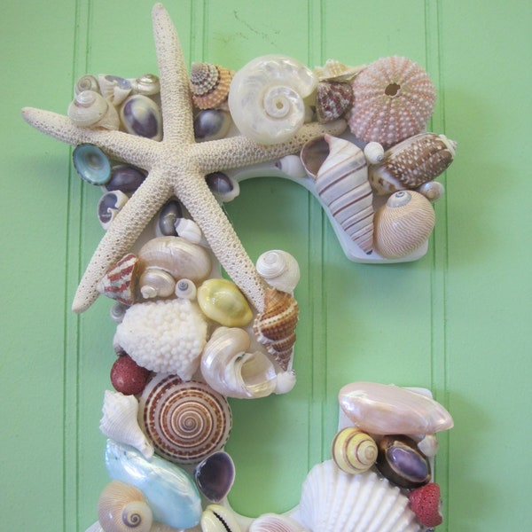 Beach Decor Shell Letter "E" - Colorful Shell Letters - Shell Initial - Wooden Letters - Beach Wedding - Gift - Colored Seashell Letters