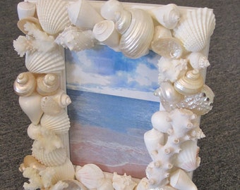 Beach Decor Seashell Picture Frame - Shell Frame - White Shells and Coral Picture Frame - Beach wedding