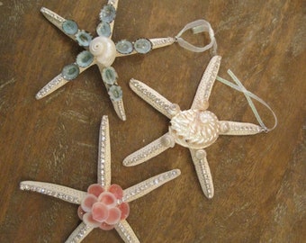 Beach Decor Set of Starfish Christmas Ornaments (3PC) - Seashell Embellished Starfish Ornaments - Nautical Holiday Ornaments - Xmas Ornament