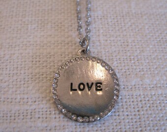 Silver "Love" Necklace - Silver Rhinestone "Love" Necklace - Love Medallion Necklace - Love Jewelry - Romantic Necklace - Sentiment Jewelry