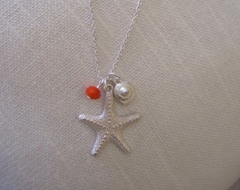 Silver Starfish Necklace with Orange Bead and Shell Charm - Starfish Necklace - Silver Starfish Necklace - Beach Necklace - Nautical Jewelry