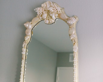 Beach Decor Handmade Seashell Mirror - Vintage Mirror - Ready to Ship - White Shell Large Mirror-Coastal Home Decor-Beach House Shell Mirror