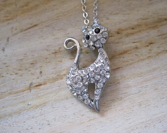 Silver Cat Necklace - Silver Rhinestone Cat Necklace - Cat Jewelry - Cat Necklace - Animal Necklace