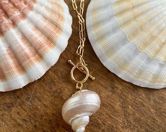 May include: A gold-colored necklace with a seashell pendant. The necklace has a toggle clasp and a chain with elongated links. Two seashells are on either side of the necklace. The pendant is a spiral-shaped shell with a pearlescent finish.