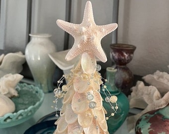 Beach Decor White Abalone Shell Starfish Tree - Shell Christmas Tree - Coastal Christmas Tree- Beach Wedding - Holiday Centerpiece