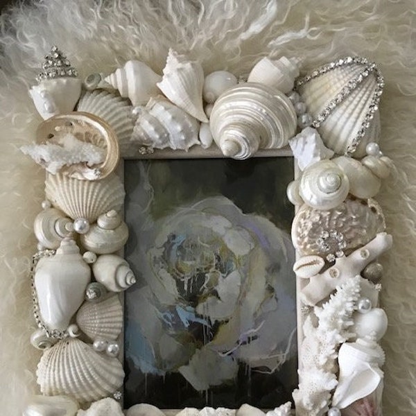 Beach Decor Seashell Picture Frame - Swarovski Embellished Shell Frame - Bejeweled White Shells and Coral Picture Frame -Beach Wedding -Gift