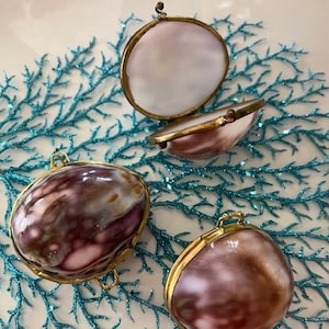 May include: Three small, round, hinged boxes made from natural seashells. The boxes are decorated with brass accents and have a variety of colors and patterns.