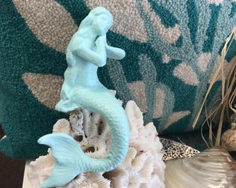 Beach Decor Cast Iron Dreaming Mermaid - Seafoam Blue Painted Cast Iron Mermaid - Blue Sitting Mermaid - Mermaid - Beach Decor - Wedding