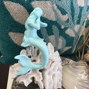 Beach Decor Cast Iron Dreaming Mermaid - Seafoam Blue Painted Cast Iron Mermaid - Blue Sitting Mermaid - Mermaid - Beach Decor - Wedding