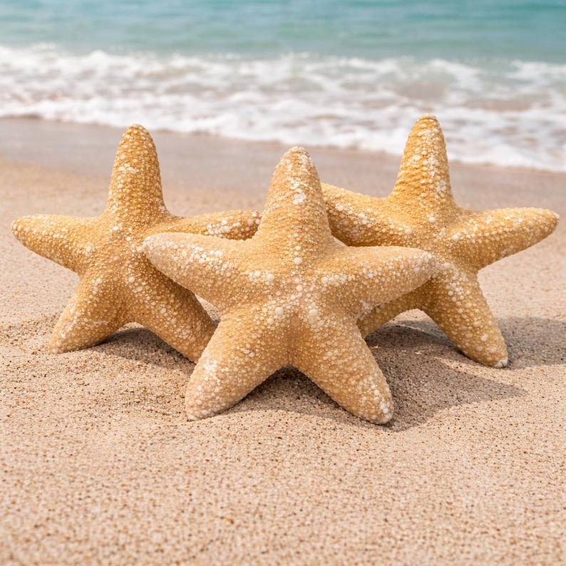 Op de afbeelding: Drie beige zeesterren met een textuur liggen op een zandstrand. De zeesterren zijn in een groep gerangschikt, met de oceaan en golven op de achtergrond. De sc&egrave;ne roept een kust- en strandthema op.