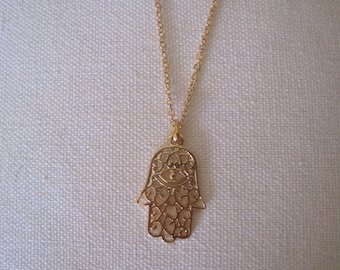 Hamsa Hand Necklace - Gold Engraved Hamsa Hand Necklace - Hamsa Necklace - Evil Eye Necklace - Hand Necklace