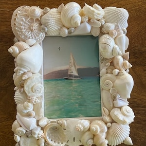 Beach Decor White Seashell Picture Frame Shell Frame White Shell Picture Frame Shell Wood Frame Beach Wedding Gift image 5