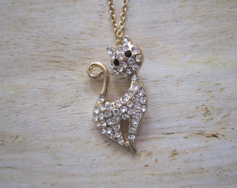 Gold Cat Necklace - Gold Rhinestone Cat Necklace - Cat Jewelry - Cat Necklace - Animal Necklace