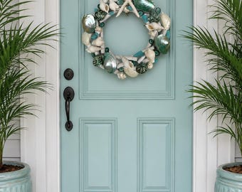 Seashell and Starfish Driftwood Wreath - Teal Blue & White Shell Wreath -Coastal Wreath -Nautical - Beach House Wreath - Summer House