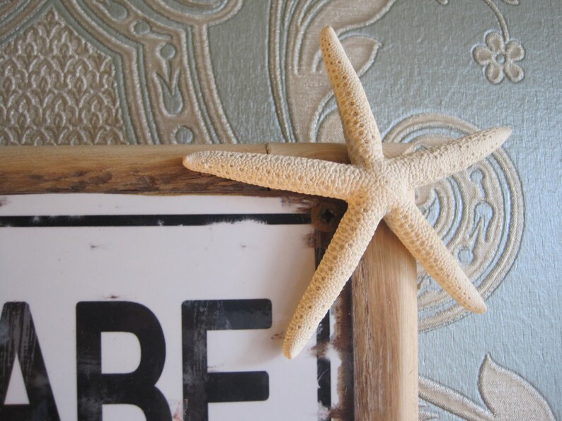 May include: A decorative wooden frame with a white sign and a starfish. The starfish is a light beige colour and is positioned on the top right corner of the frame. The sign has black letters on a white background.