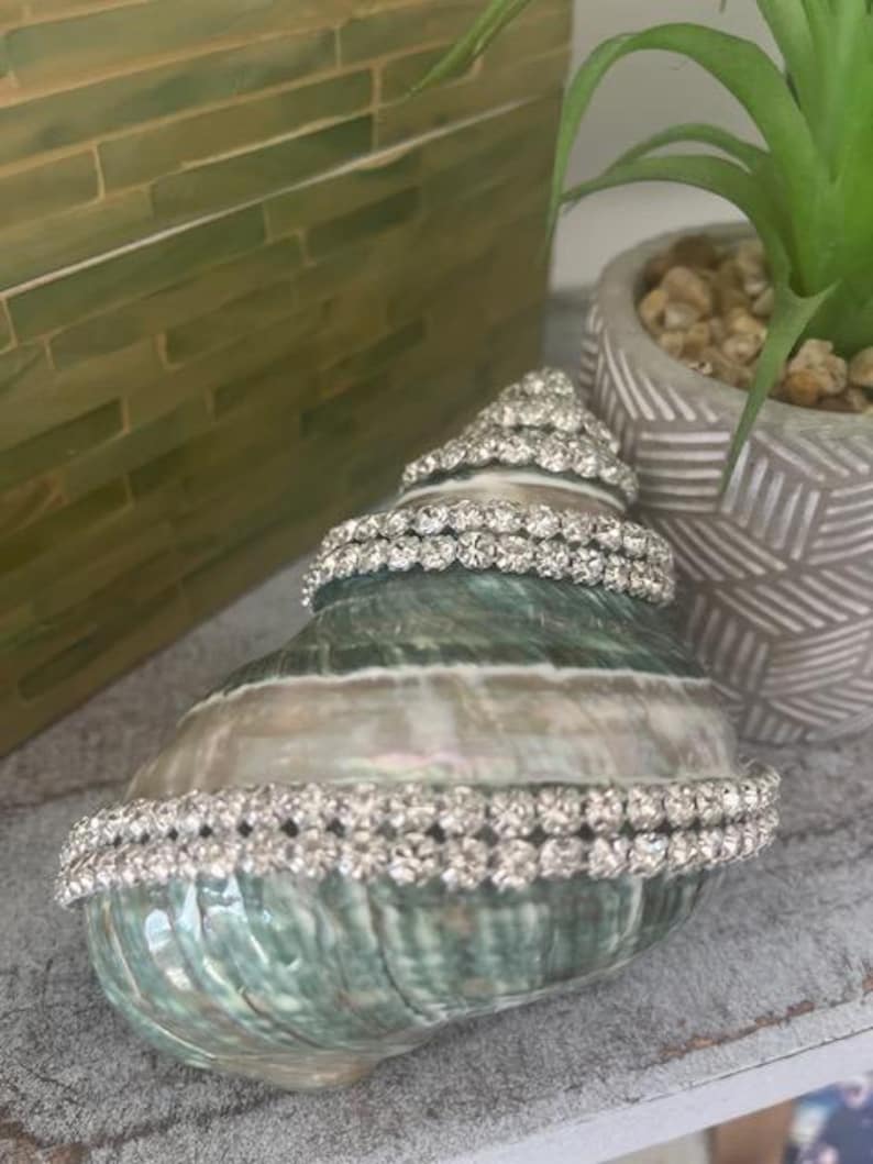 May include: A natural spiral seashell decorated with multiple rows of clear, sparkling rhinestone trim wrapped around its exterior. The shell features a smooth, iridescent surface with shades of green, brown, and white, accented by the silver-toned metal settings of the rhinestones.