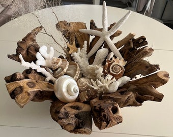 Beach Decor Natural Driftwood Bowl with Seashells Coral and Starfish - Coastal Home Decor  - Wedding Decor - Centerpiece - Gift Basket